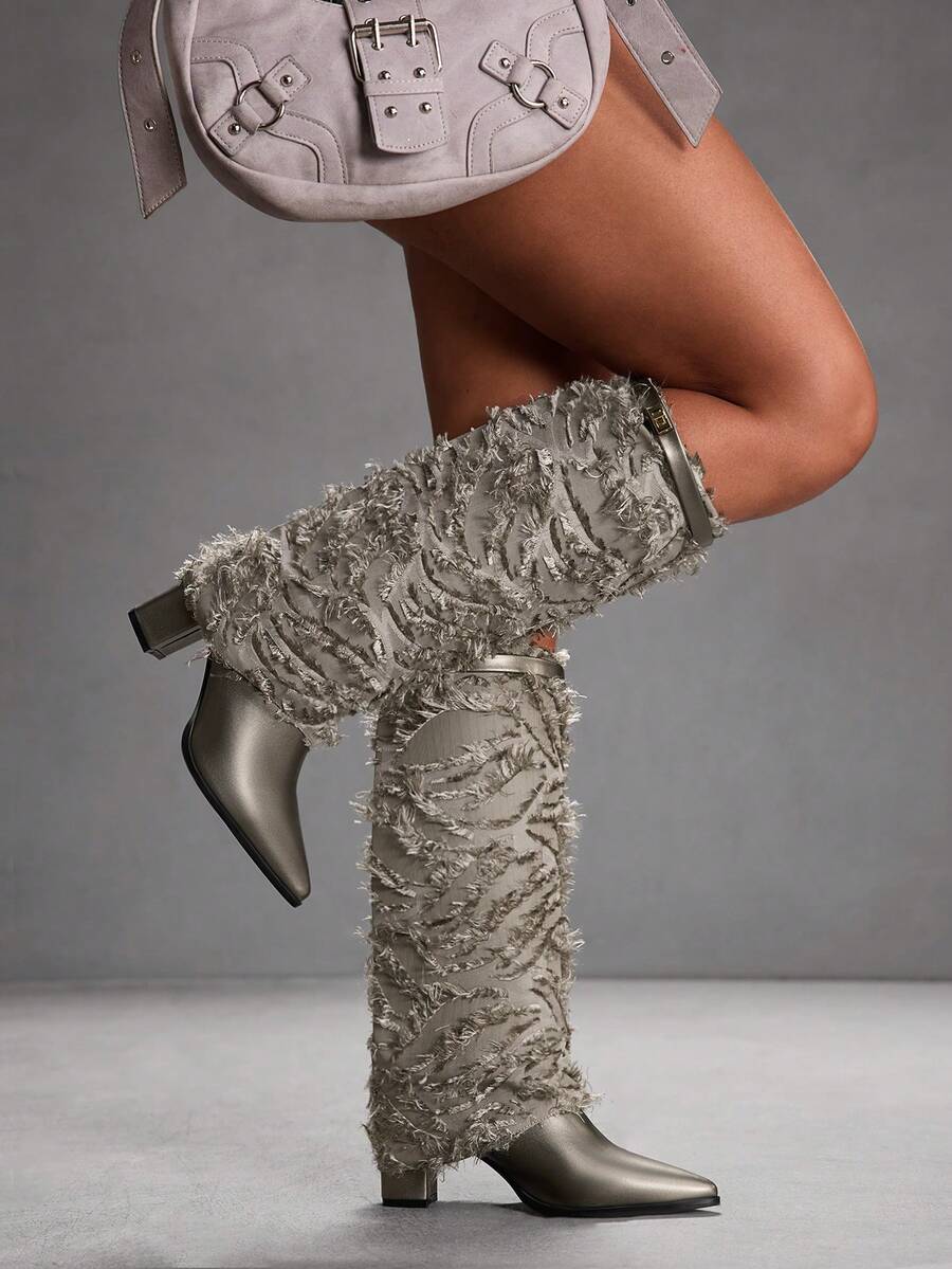 CUCCOO SZL Bottes hautes à bout pointu et talon épais pour femmes, automne/hiver - Gris pâle - Voir 1