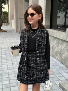 Firerie Kids Tween Girl Plaid Collar Double-Breasted Vest And A-Line Skirt Elegant Tweed 2-Piece Set, Autumn/Winter Outfit, Minimalist Everyday/Commute Wear, Suitable For Spring, Autumn, Winter, Vacation - Black - View 1