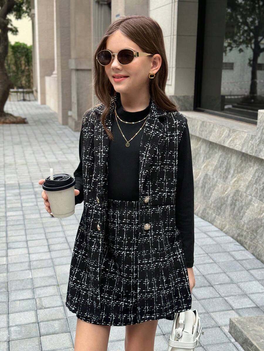 Firerie Kids Tween Girl Plaid Collar Double-Breasted Vest And A-Line Skirt Elegant Tweed 2-Piece Set, Autumn/Winter Outfit, Minimalist Everyday/Commute Wear, Suitable For Spring, Autumn, Winter, Vacation - Black - View 1