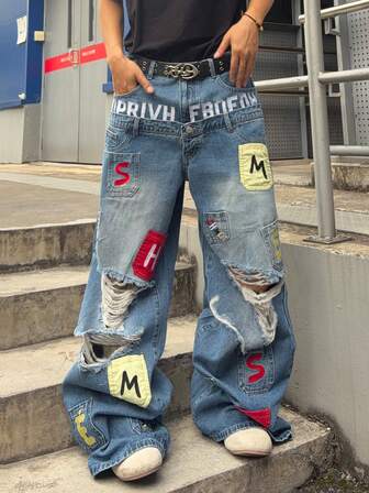 Grunge Punk Jeans anchos casuales y de moda para hombres con bordado de letras y efecto desgastado