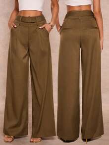 SHEIN Glamour Women's Mocha Brown Belted Wide Leg Casual Pants, Elegant Office Commute Versatile Women's Trousers, Women's Brown Long PantsWomen At WorkUrban Comforttrendy Basic AuRetro ChicMinimalism AUMarine Stylegirly Auaffordablefashion