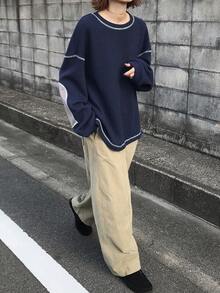 FRIFUL 女士撞色圆领落肩长袖撞色明线装饰休闲宽松百搭T恤，秋冬款 - 藍色 - 查看 2