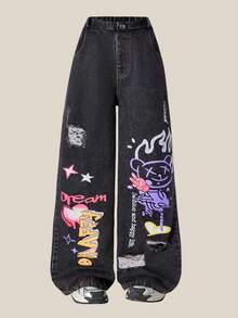 SHEIN ChillGRL 少女印花休闲牛仔裤，适合外出、度假、返校穿着，可搭配长袖卫衣、夹克、棉质外套。 - 黑色 - 查看 4