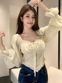 DAZY Women's Fitted Tie-Front Ruffle Trim Short Blouse, Yellow Long Sleeve, Spring/Summer - Yellow - View 5