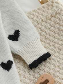 Baby Girls' Soft Knit Romper, Round Neck Long Sleeve Sweater Jumpsuit With Contrast Color Heart Pattern, Ruffled Cuff And Collar Decor, Comfortable For Autumn/Winter Indoor And Outdoor Wear Baby Fall Winter Romper Baby Sweater Jumpsuit Baby Knit Romper Button Front Baby Girl Heart Outfit Baby Knit Romper Heart Pattern - Black - View 5