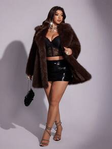 Allurite Plus Size Women Solid Color Lapel NeckLong Sleeve Loose Fashion Mid-Length Faux Fur Coat, Winter