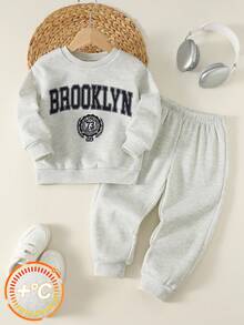 两件套儿童休闲舒适时尚简约实用百搭宽松印花加厚圆领卫衣裤套装，适合上学、日常穿着、外出、运动，春秋冬三季皆宜。 - 灰色 - 查看 8