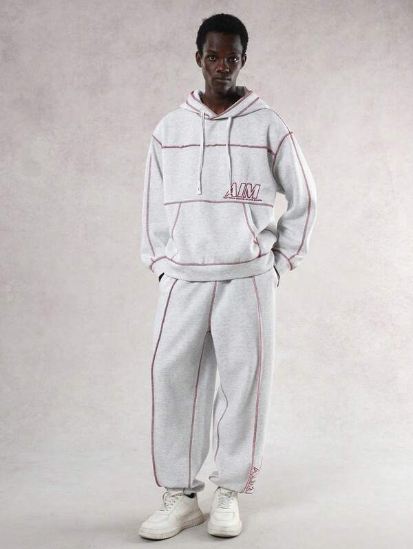 DAZY Conjunto de chándal con forro térmico para hombre de otoño/invierno - Pantalones grises con costuras en contraste rojo y sudadera con capucha