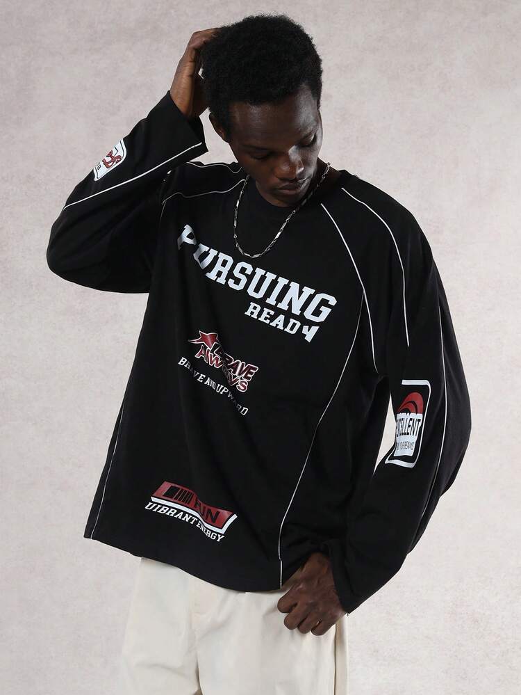 Men's Letter Print Black Round Neck Decorative Striped T-Shirt, Autumn