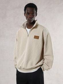 DAZY Textured Fabric Pullover Sweatshirt With Half-Zip Design For Men, Beige, Autumn - Light Khaki - View 6