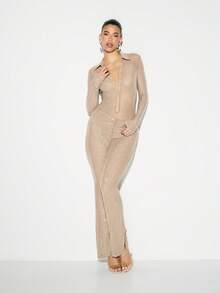 KIZN Rhinestone Embellished Long Sleeve Collared Bodysuit With Button Front Closure And Sparkly Crystal Details - Brown - View 6