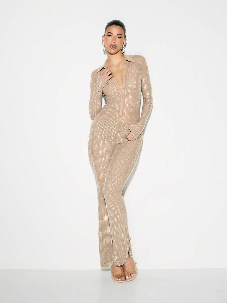 KIZN Rhinestone Embellished Long Sleeve Collared Bodysuit With Button Front Closure And Sparkly Crystal Details