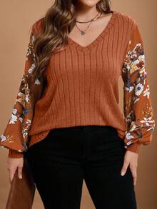 EMERY ROSE Plus Size Women Contrast Floral Print Patchwork Lantern Sleeve V-Neck Casual T-Shirt, Brown Lantern Sleeve Top Fall New Year Christmas - Khaki - View 4
