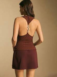 Sleeveless Solid Color Draped Neck Sexy Cami Top – Summer Knitted Stretchy Waist Slim-Fit Top With Textured Knit Fabric & Back Chain Detail - Brown - View 2
