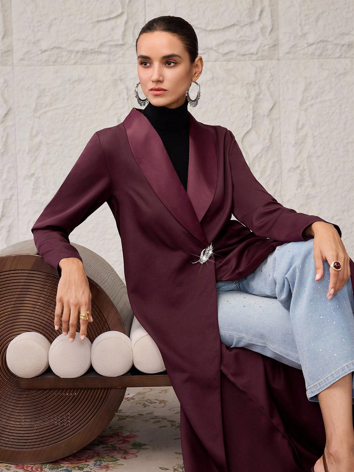 Al Najma عباءة نسائية بلون أحادي مع طوق شال، أنيقة...