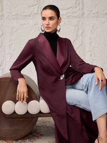 Al Najma Áo choàng Abaya trơn màu dành cho nữ có cổ choàng, tay dài thanh lịch - Màu Đỏ Sâu - Xem 7