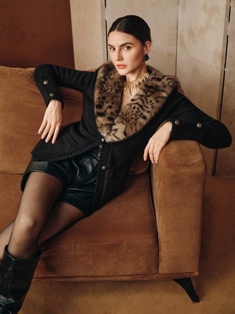 Vintage hochwertige abnehmbare Leoparden-Muster Fellkragen Patchwork Taillengürtel Damen Strickjacke, Winterpullover für Frauen, Kleidung für Neujahr, Leoparden-Muster, schwarze Oberteile