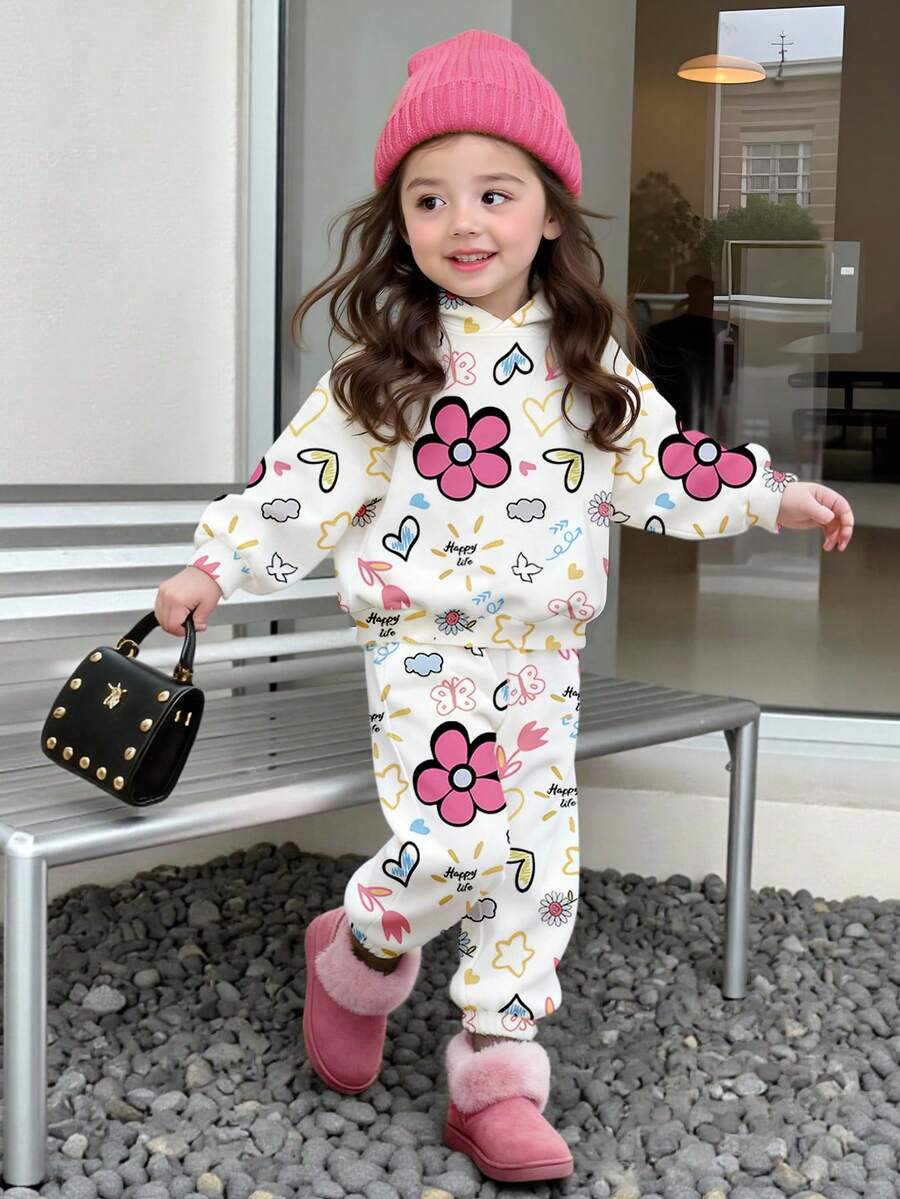 SHEIN Playful Pals 秋冬季少女休闲时尚创意个性清新简约可爱卡哇伊彩色爱心花朵图案印花连帽卫衣裤套装,舒适百搭,适合秋冬季少女穿着。 - 彩色 - 查看 1