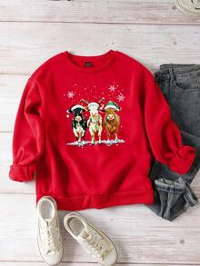 SHEIN EZwear 休闲简约圣诞小牛皮印花宽松圆领长袖加厚卫衣，女士款，秋冬新年派对必备 - 紅色 - 查看 3