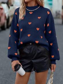 EMERY ROSE Heart Pattern Crew Neck Casual Long Sleeve Sweater, Autumn/Winter - Navy Blue - View 4