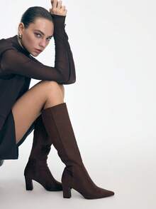 Mnmlis 女士时尚百搭通勤粗跟过膝长靴 - 棕色 - 查看 1