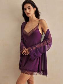 Charlaine Women Lace Patchwork Camisole Nightgown And Robe Sexy Lingerie Set - Purple - View 6