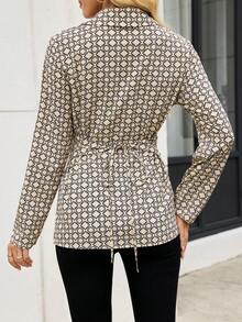 SHEIN LUNE Women's Elegant Lapel Long-Sleeve Waist-Cinched Printed Shirt,Beige Autumn Office Fashion,Versatile Urban Slim Fit Figure Reshaping Blouse - Apricot - View 2