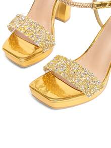 CUCCOO SZL Women's Fashion Gold Rhinestone Chunky Heel Platform High Heel Sandals, Suitable For Dates, Gatherings, Parties, Weddings And Other Occasions Prom Heels Summer Shoes - Gold - View 10