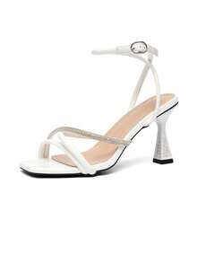 CUCCOO SZL Women's Fashion Rhinestone Ankle Strap High Heel Sandals, Suitable For Commuting, Dating, Parties And Other Occasions - White - View 3