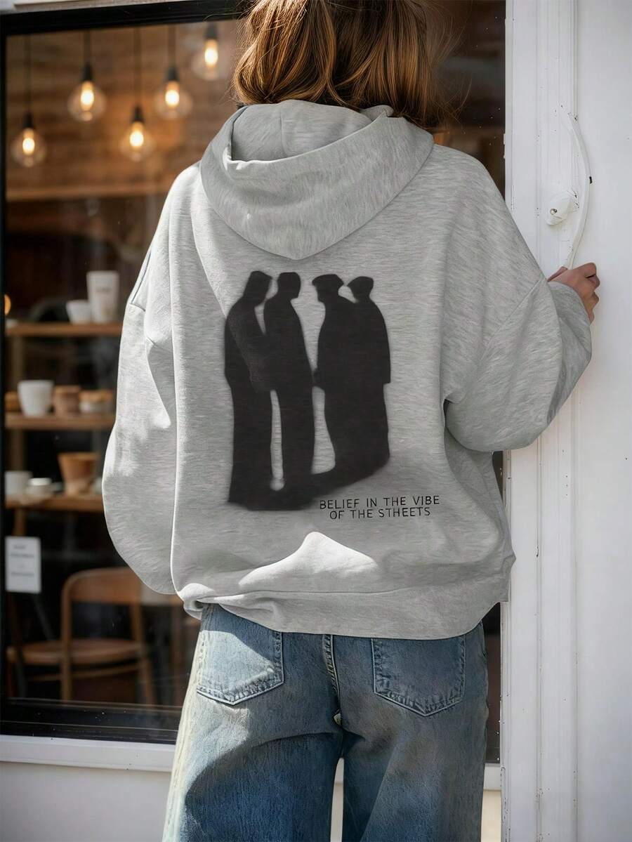 INAWLY 女士休闲印花标语连帽保暖连帽衫，秋冬季长袖上衣，适合毕业季、教师节、返校季等场合穿着。 - 灰色 - 查看 1