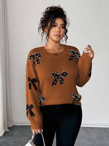 Elenzga 大码女式优雅长袖宽松串珠蝴蝶结针织毛衣，适合外出、度假和夜店穿着，秋冬季 - 駝色 - 查看 6