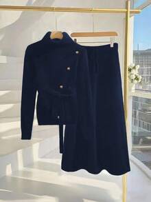 Franclia Elegant Metal Buckle Design Tie-Front Long Sleeve Turtleneck Sweater & A-Line Long Skirt 2-Piece Set, European Style - Royal Blue - View 6