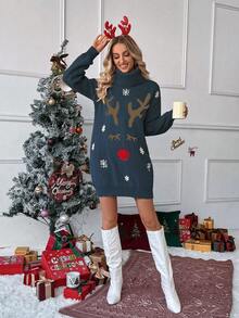 EMERY ROSE Oversized Casual Midi Sweater Dress With Funky Reindeer Pattern, Cozy Turtleneck And Lantern Sleeves, Fashionable And Age-Reducing, Suitable For European And American Christmas Atmosphere, Autumn/Winter