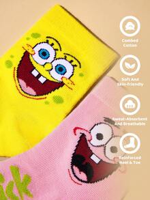 SpongeBob SquarePants | SHEIN 2双装纯棉柔软透气吸湿儿童中筒袜，黄粉色可爱卡通图案，加固趾部和后跟，经久耐穿，男女通用，四季皆宜，适合学校和户外活动，夏季和冬季均可穿着。帕特里克 - 彩色 - 查看 3