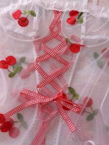 2件套女士樱桃刺绣网纱蕾丝吊带性感睡裙 - 白色 - 查看 4