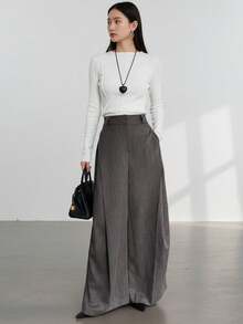 DAZY 女士休闲宽松条纹口袋阔腿裤秋冬 - 灰色 - 查看 2