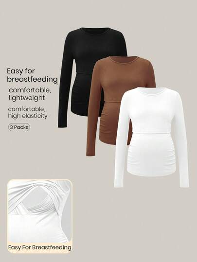 Modmama Maternity Casual Solid Color Slim Fit Nursing Long Sleeve T-Shirt, Nursing T-Shirt, Autumn/Winter