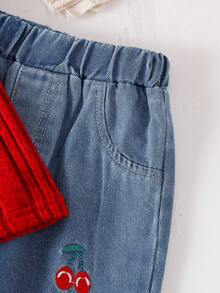 2pcs Baby Girls' Denim Set, Red Ribbed Ruffle Trim Long Sleeve Patchwork Shirt Collar Tee Paired With Cherry Embroidery Fake Pocket Jeans, Cute & Playful Style Suitable For Outdoor Play Or Casual Wear At Home - Red - View 5