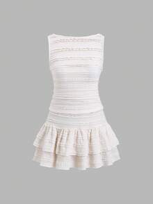 Sweetra 女士纯色纹理圆领背心和蛋糕中长裙两件套 - 杏色 - 查看 6