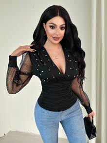 Chiquease Áo cánh tay bồng phối lưới sequin lấp lánh cổ chữ V thanh lịch dành cho nữ, tay bồng đính đá, xếp ly - màu đen - Xem 3