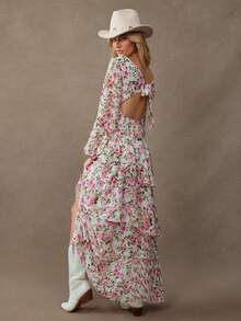 WESTFADE V领长泡泡袖蝴蝶结露背镂空不对称低腰层叠荷叶边长款连衣裙，适合秋季、冬季、圣诞节、假日、新年、新年装扮，波西米亚风、休闲风、优雅风、派对风、西式服装。 - 彩色 - 查看 1