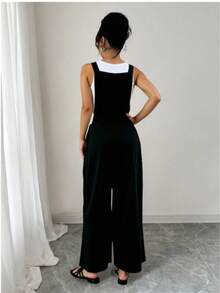 Mono casual de mujer de color liso Mono de las señoras, las mujeres de verano de color sólido de la correa de la espalda casual de pierna ancha pantalones sueltos Monos de mujer - Negro - Ver 2