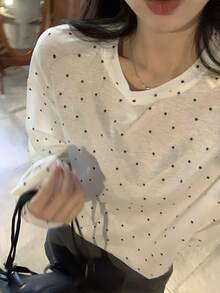 DAZY Women's Polka Dot Print Round Neck Casual Versatile Long Sleeve T-Shirt - White - View 1
