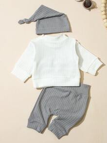 SHEIN HELLO Embroidered Newborn Photography Outfit, Baby Boy/Girl Top, Pants, Hat 3pcs Set, Infant 1 Month To 100 Days Studio Photo Prop Clothing