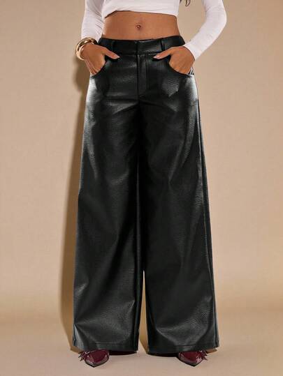 SHEIN BAE Pantalones casuales anchos de pierna ancha con bolsillo de unicolor para mujer