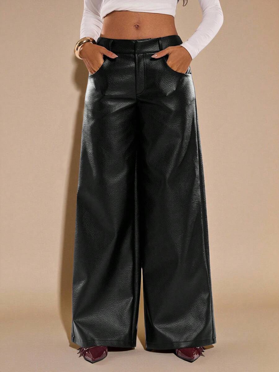 SHEIN BAE Quần ống rộng dáng rộng màu trơn có túi dành cho nữ - màu đen - Xem 1