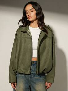 Aveloria Modichic Áo khoác biker nữ dáng rộng, thường ngày, ve áo bằng da lộn, viền xếp nếp - xanh quân đội - Xem 3