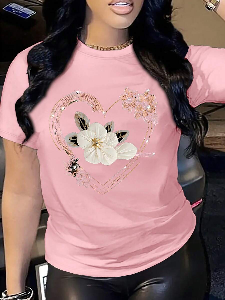 EMERY ROSE Kaos Wanita Lengan Pendek Kasual Motif Hati & Bunga Kerah Bulat, Serbaguna untuk Musim Panas - Baby Pink - View 1