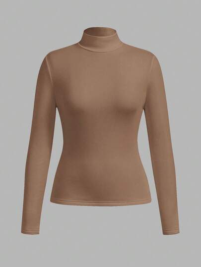 SHEIN BASICS Blusa de cuello alto básica de manga larga y corte slim de unicolor para mujer para otoño e invierno, con forro térmico mejorado de tela cálida, con estilo, casual, cómoda y versátil sin verse abultada