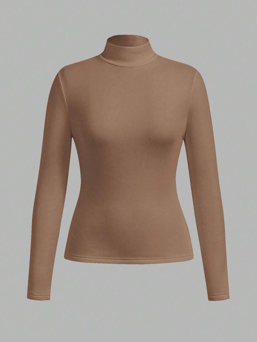 SHEIN BASICS 秋冬季基础款高领修身长袖纯色女式上衣,升级保暖内衬面料,时尚休闲舒适,百搭不臃肿 - 駝色 - 查看 1